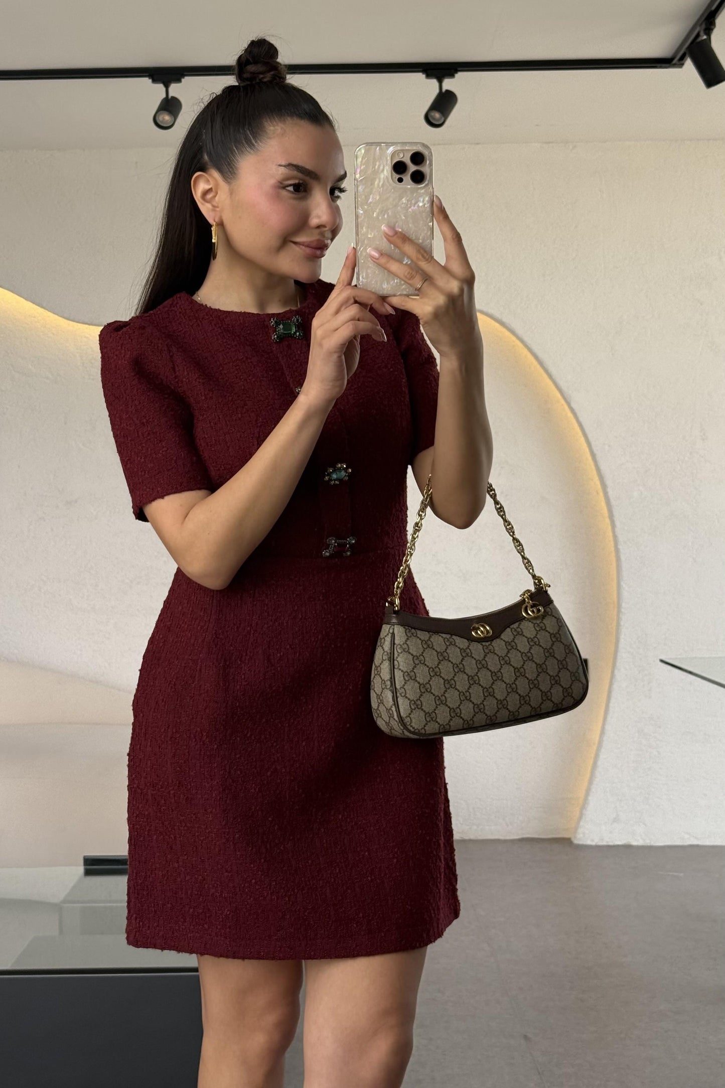 Nataly Bordo Tüvit Taşlı Düğmeli Elbise