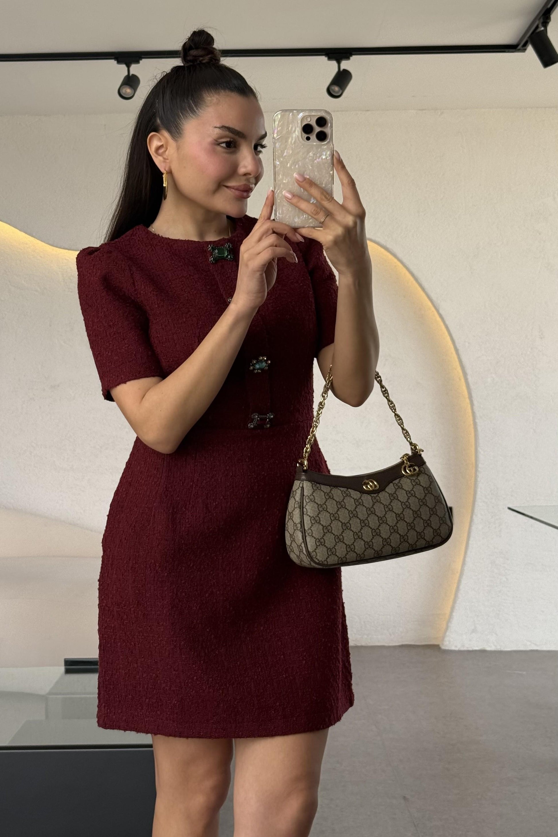 Nataly Bordo Tüvit Taşlı Düğmeli Elbise