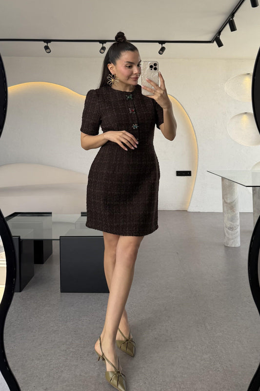 Nataly Kahve Tüvit Taşlı Düğmeli Elbise