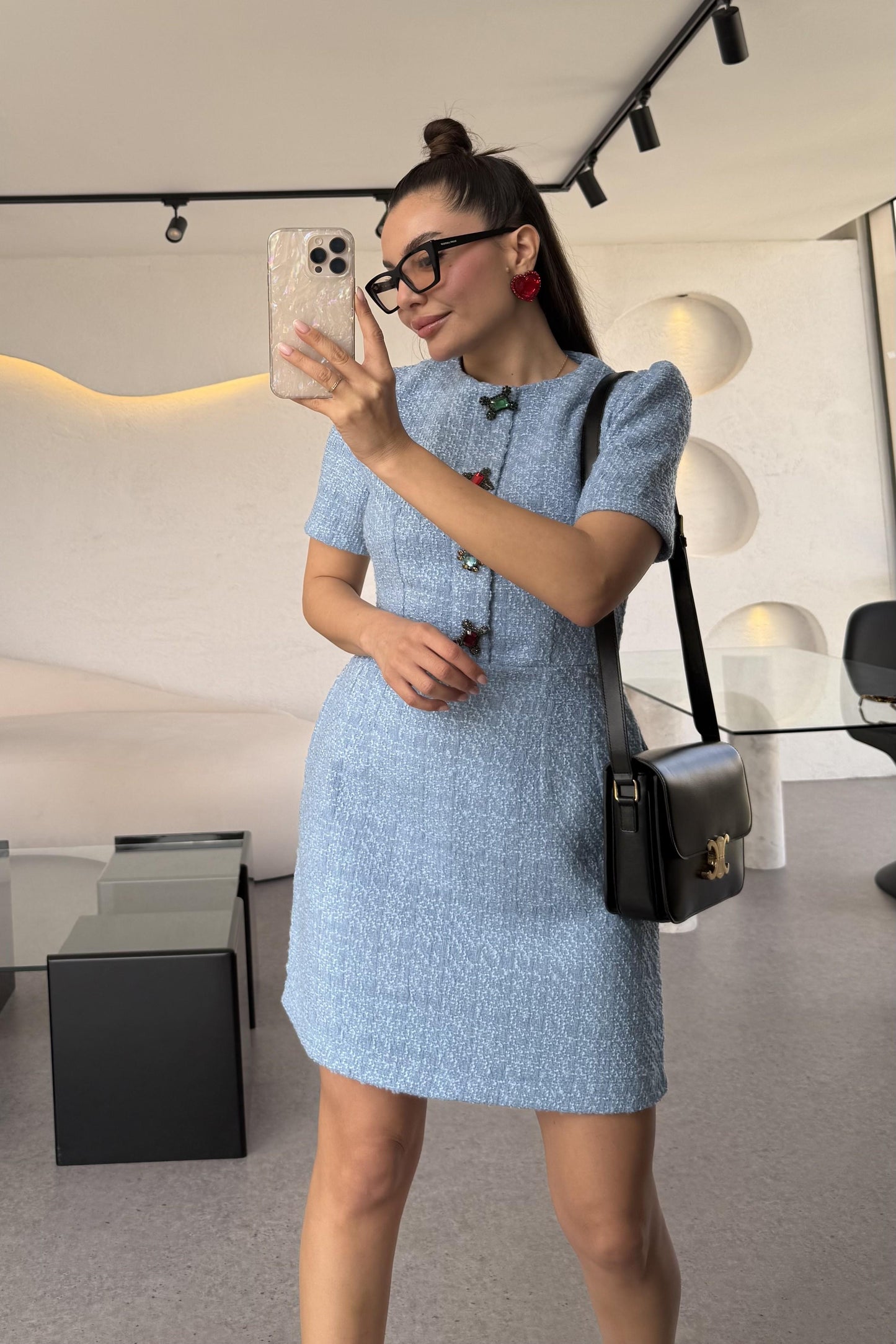 Nataly Mavi Tüvit Taşlı Düğmeli Elbise