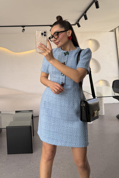 Nataly Mavi Tüvit Taşlı Düğmeli Elbise