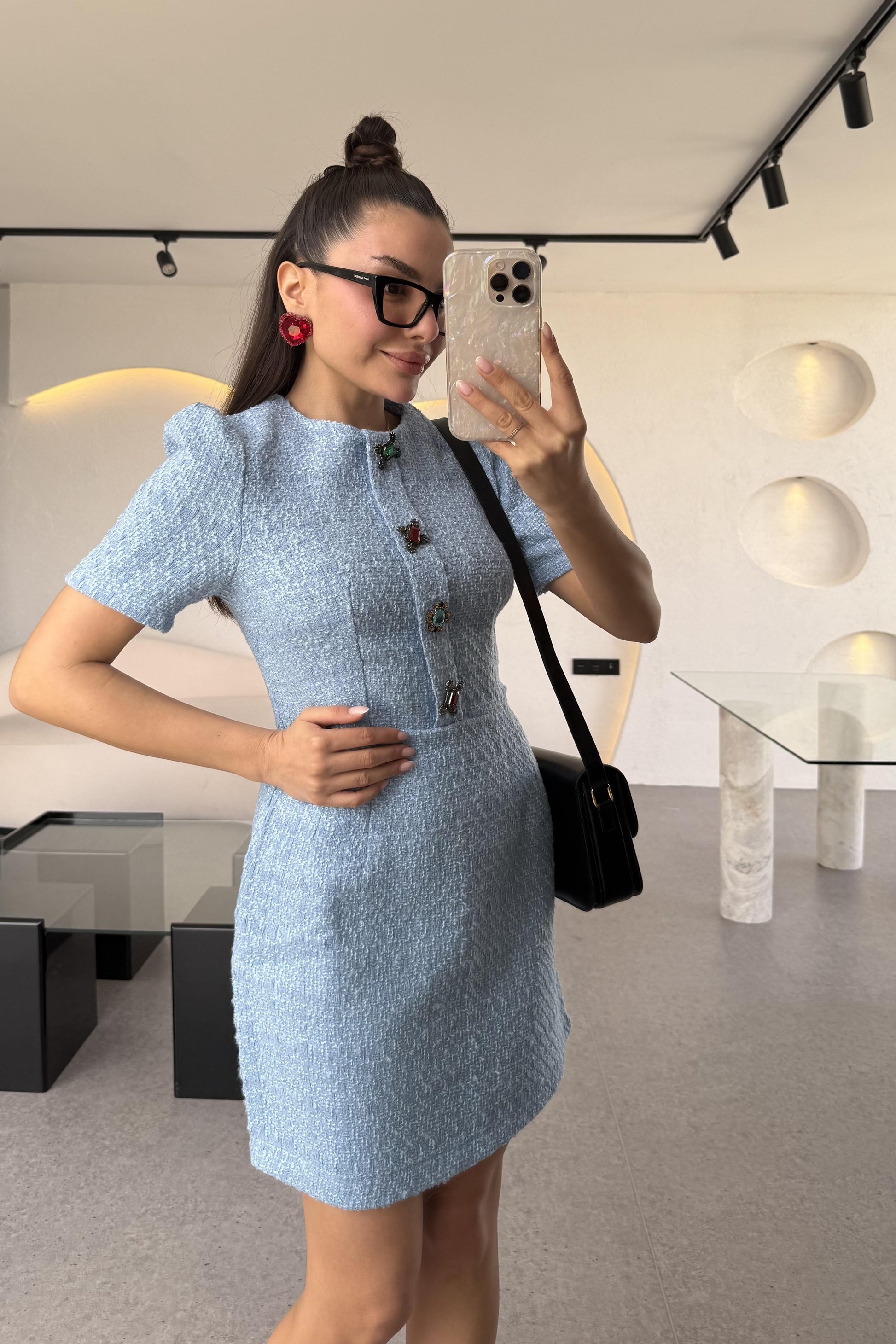 Nataly Mavi Tüvit Taşlı Düğmeli Elbise