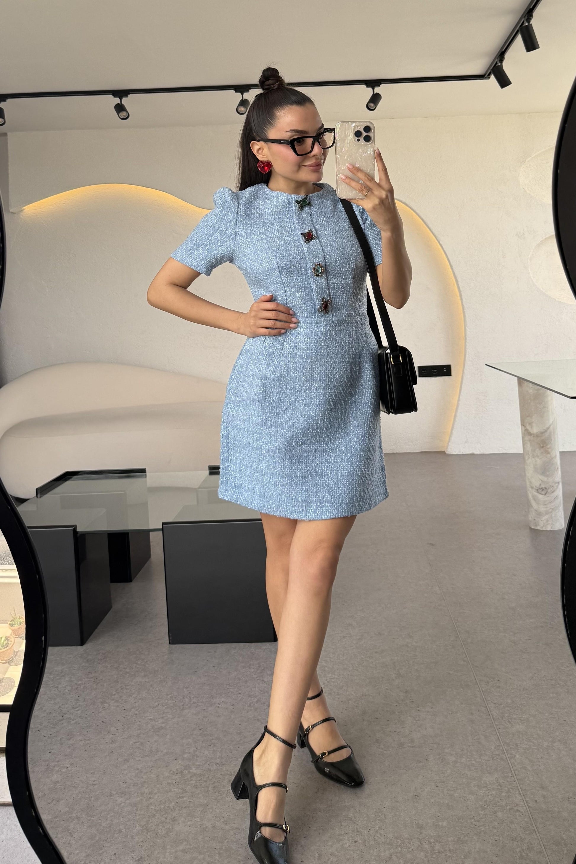 Nataly Mavi Tüvit Taşlı Düğmeli Elbise