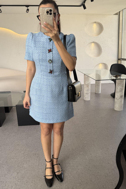 Nataly Mavi Tüvit Taşlı Düğmeli Elbise