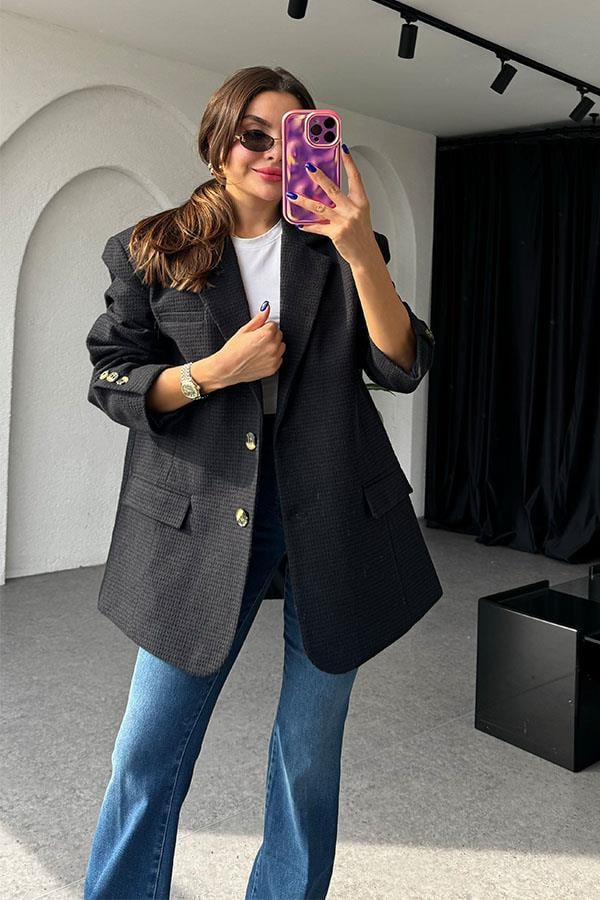 Neleu Lacivert Dokulu Daddy Ceket