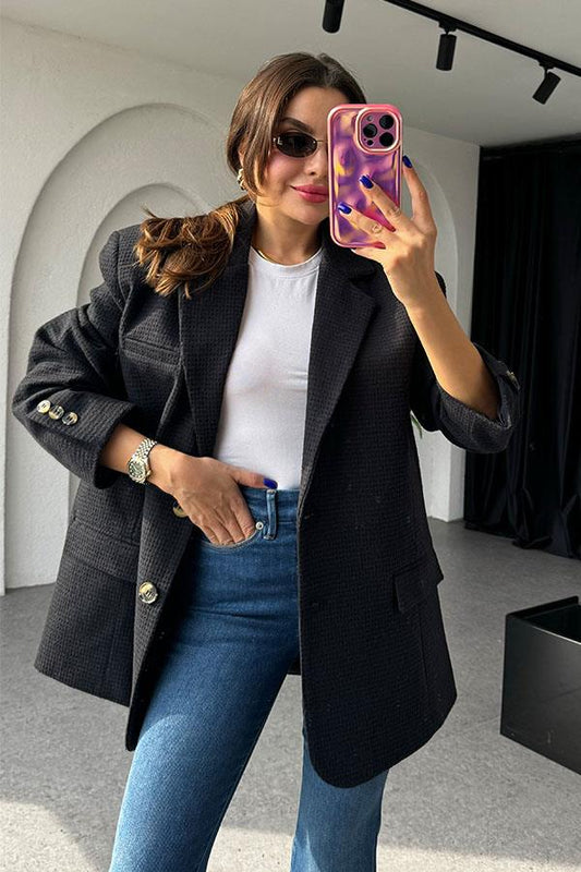 Neleu Lacivert Dokulu Daddy Ceket