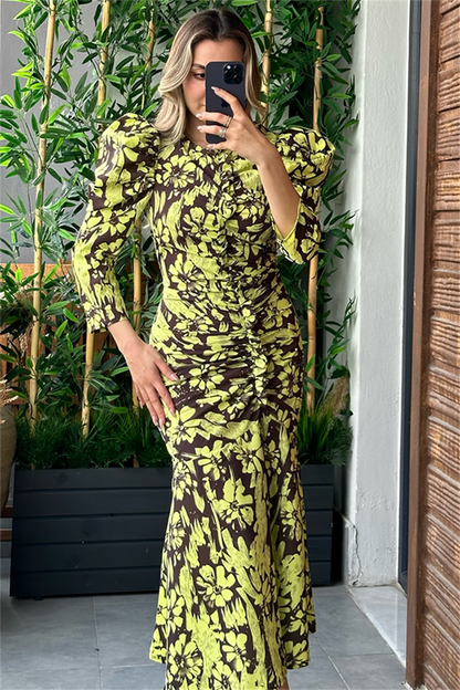 Neon sarı karpuz kol drapeli tasarım elbise