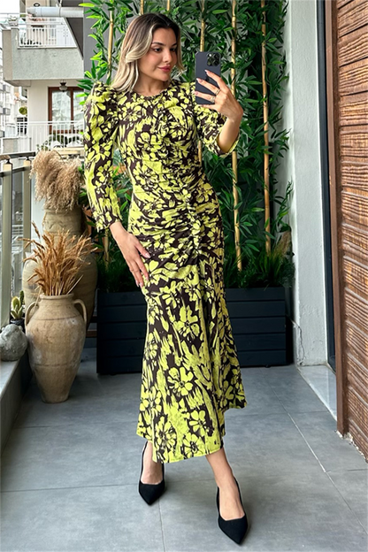 Neon sarı karpuz kol drapeli tasarım elbise