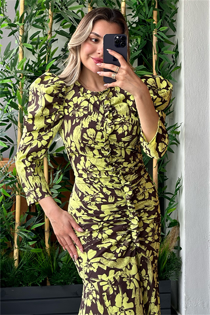 Neon sarı karpuz kol drapeli tasarım elbise