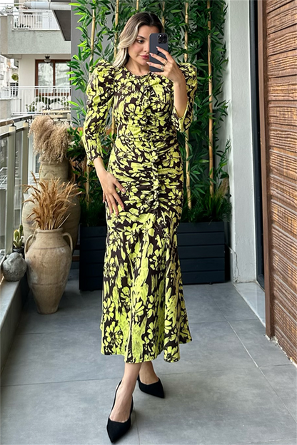 Neon sarı karpuz kol drapeli tasarım elbise