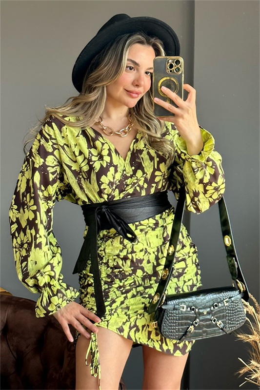 Neon sarı çiçek desenli elbise