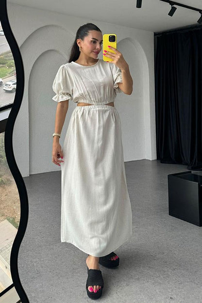 Nesta Bel Dekolteli Ekru Keten Elbise