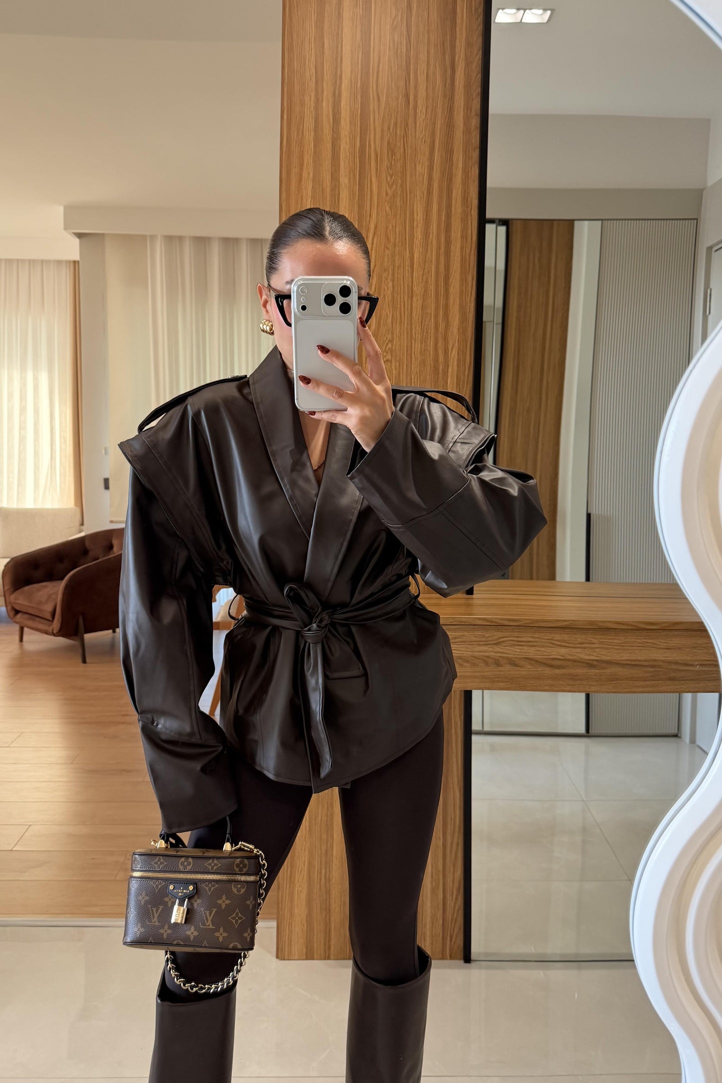 Newyork Acı Kahve Tasarım Kuşaklı Deri Ceket