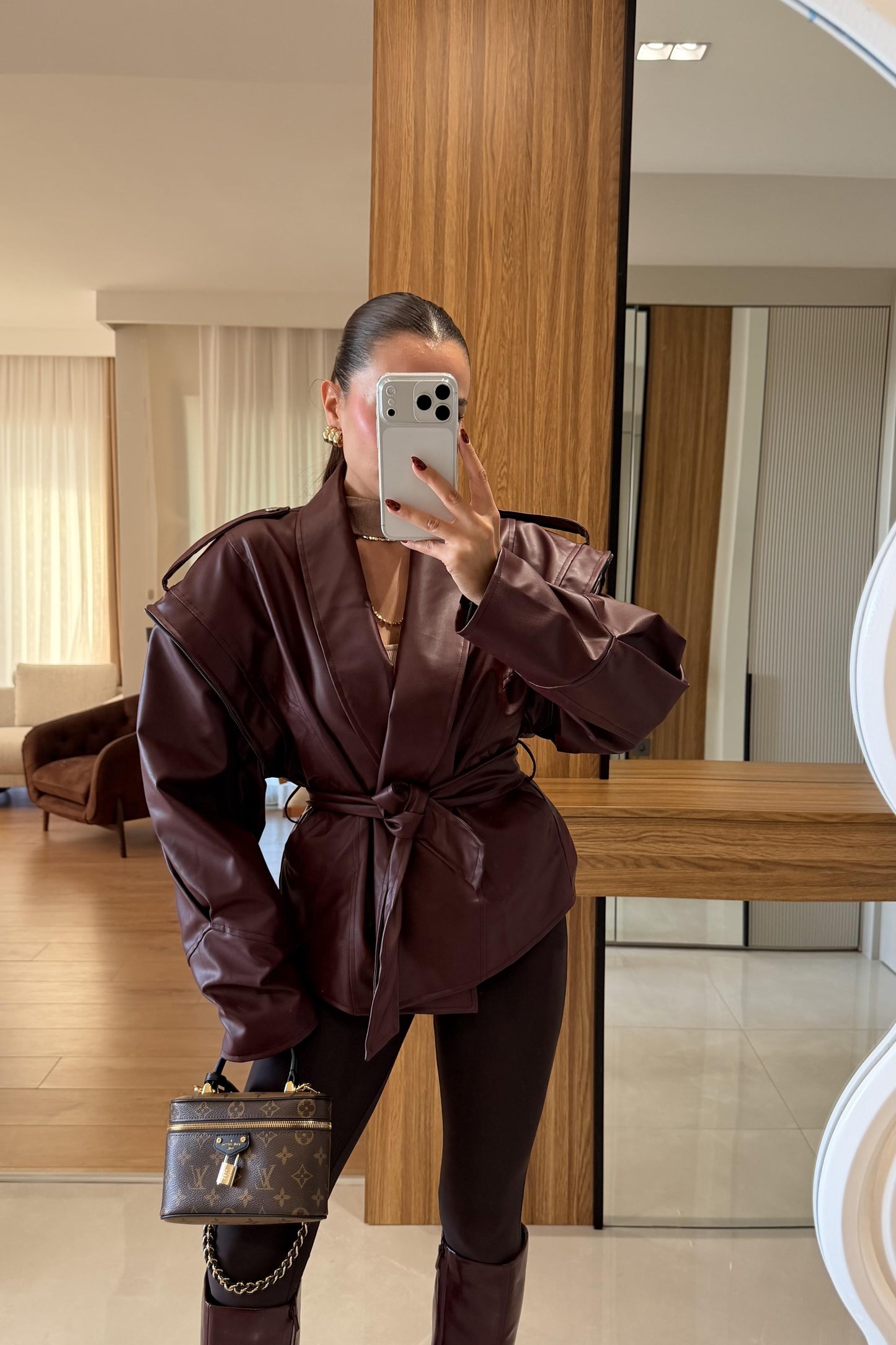 Newyork Bordo Tasarım Kuşaklı Deri Ceket