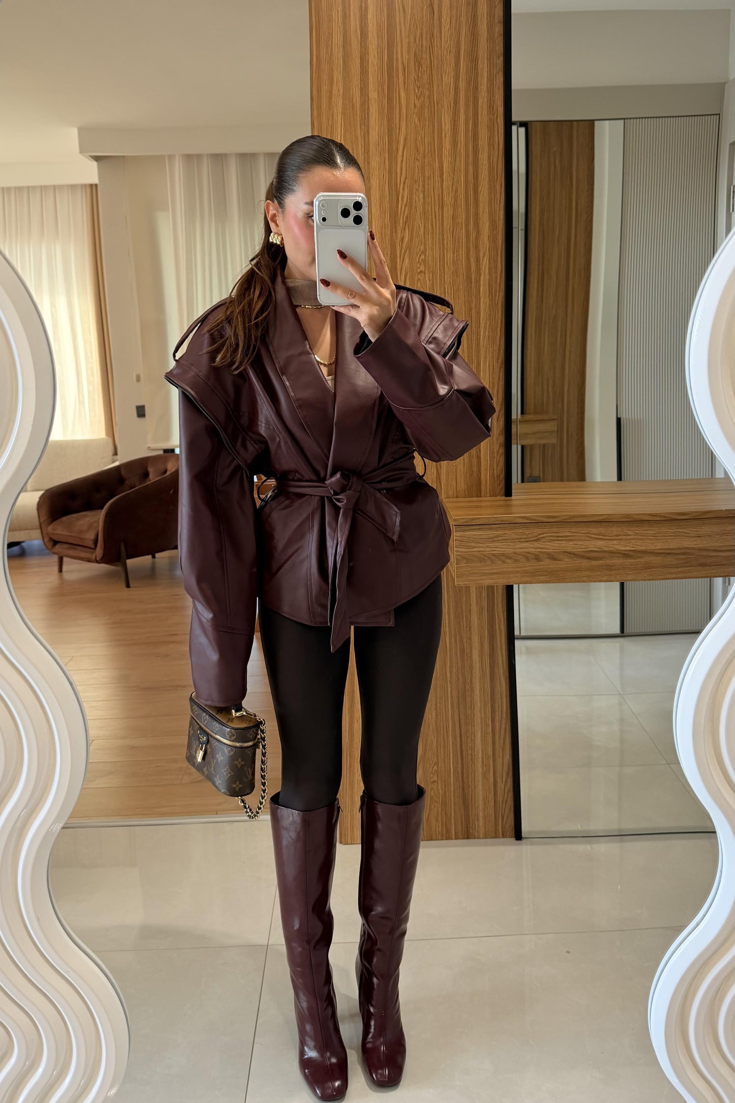 Newyork Bordo Tasarım Kuşaklı Deri Ceket