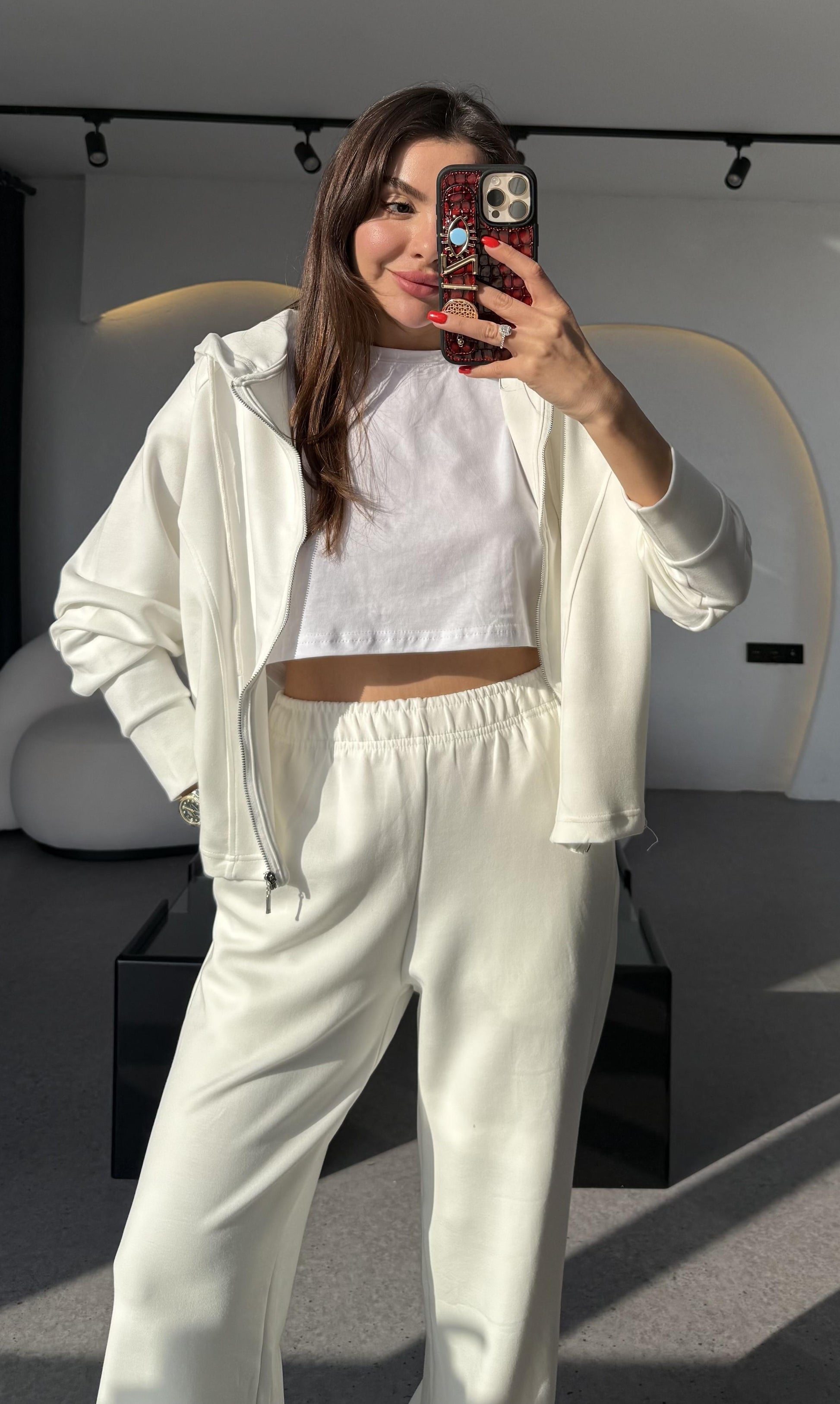 Nice Beyaz Fermuarlı Modal Kumaş Eşofman Takımı