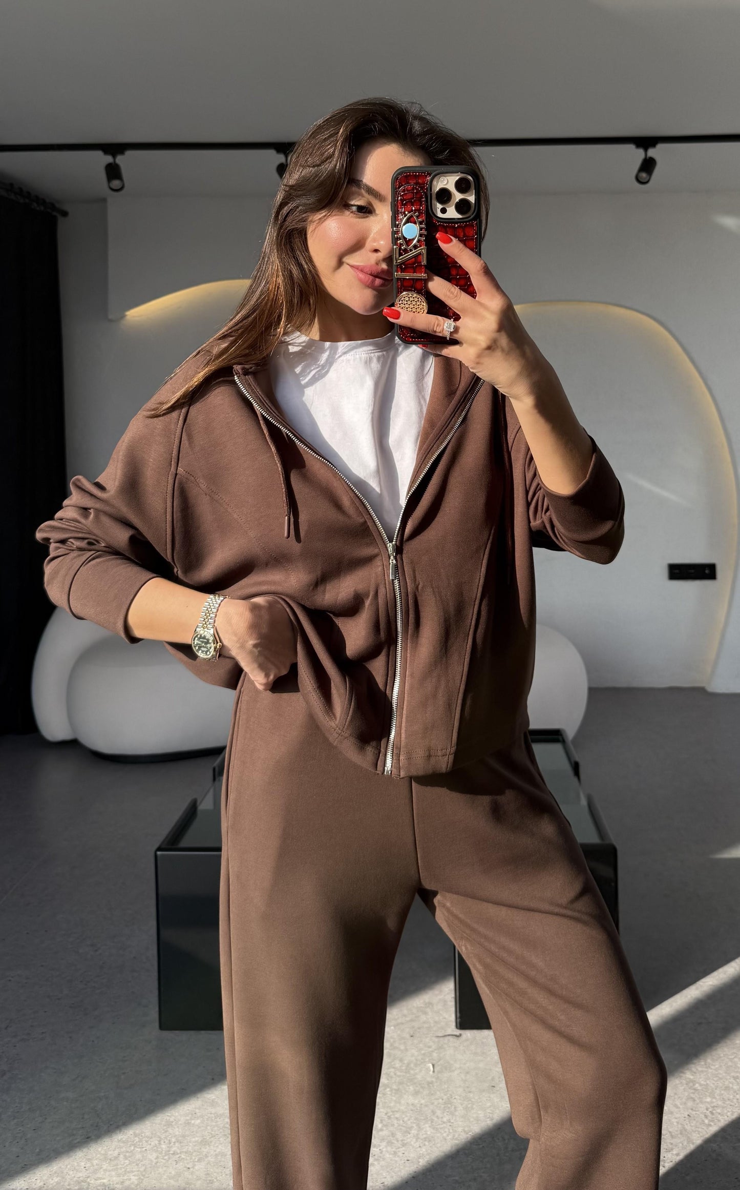 Nice Kahve Fermuarlı Modal Kumaş Eşofman Takımı