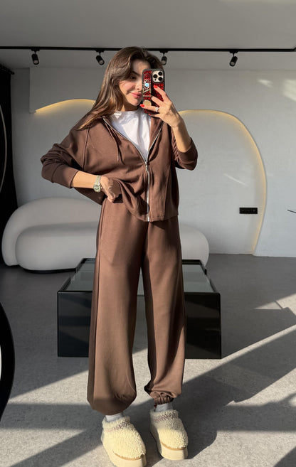 Nice Kahve Fermuarlı Modal Kumaş Eşofman Takımı