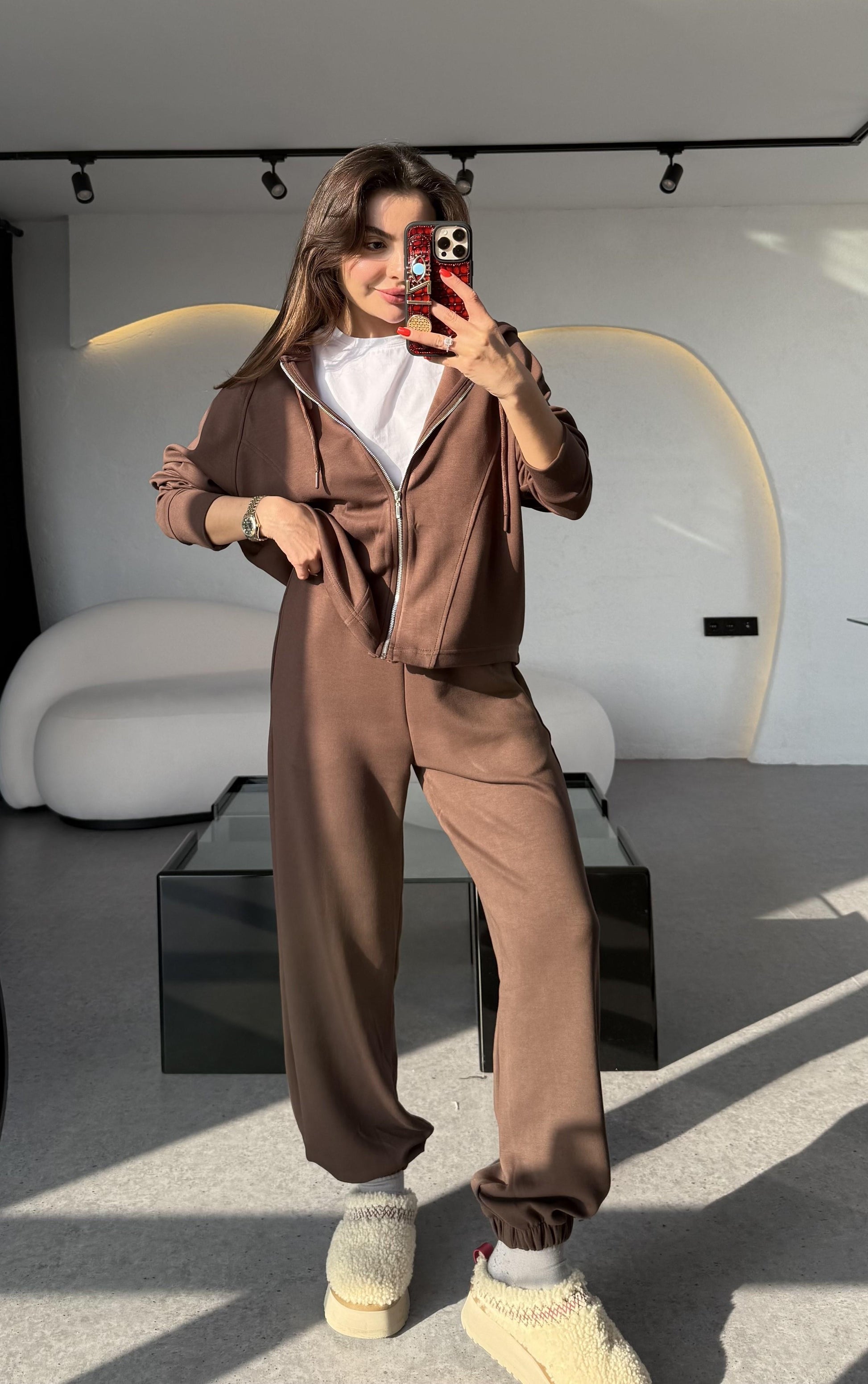 Nice Kahve Fermuarlı Modal Kumaş Eşofman Takımı