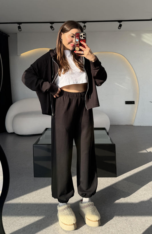 Nice Siyah Fermuarlı Modal Kumaş Eşofman Takımı