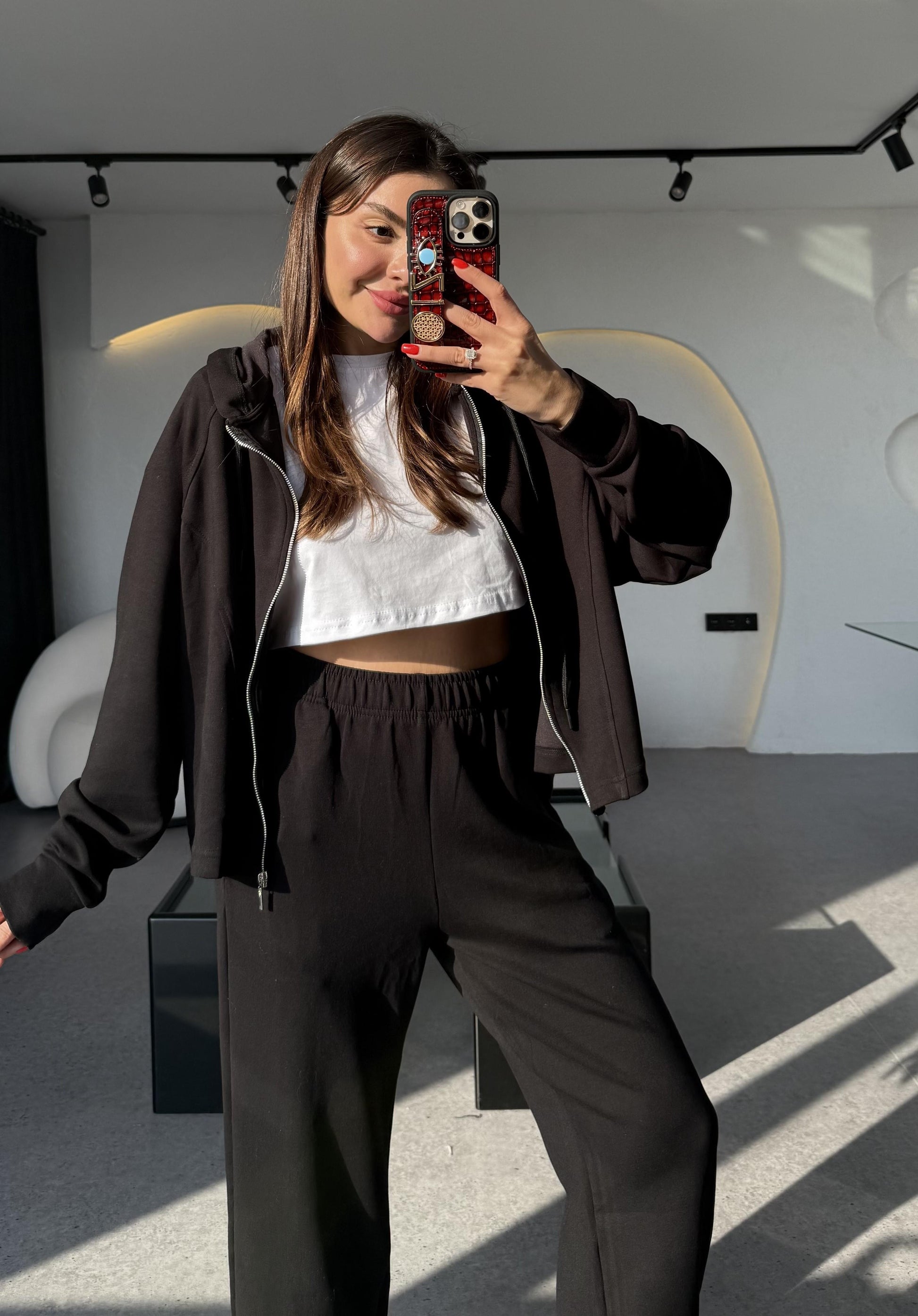 Nice Siyah Fermuarlı Modal Kumaş Eşofman Takımı