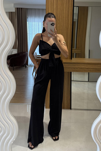 Nichol Siyah Fiyonklu Crop Pantolon Takım