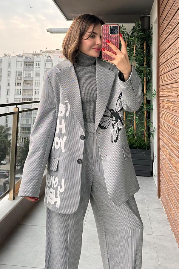 Nicia İnce Çizgili Baskılı Blazer Ceket
