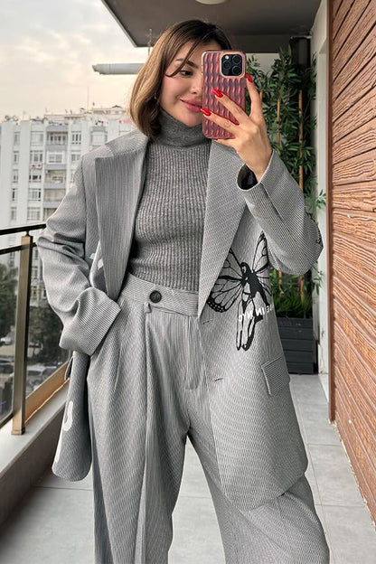 Nicia İnce Çizgili Baskılı Blazer Ceket
