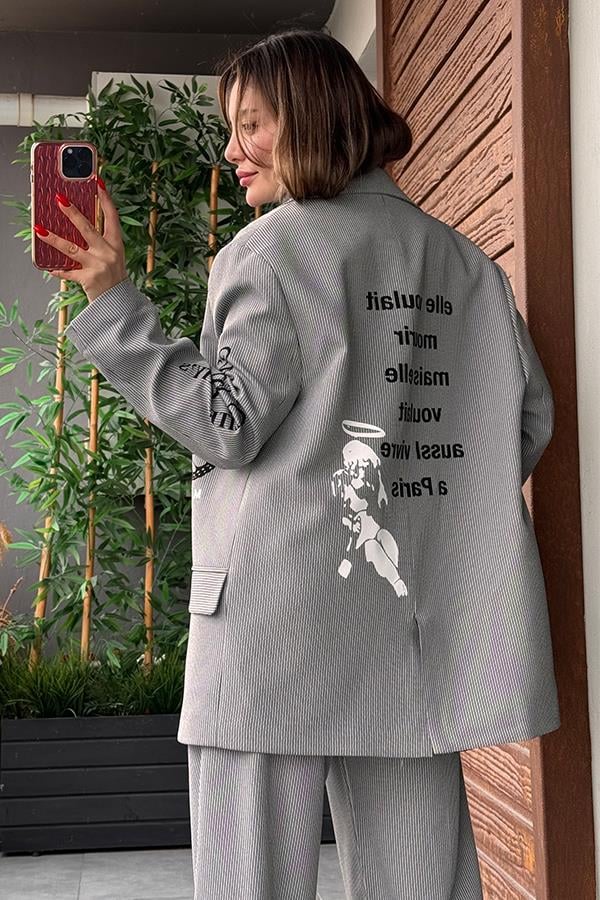 Nicia İnce Çizgili Baskılı Blazer Ceket