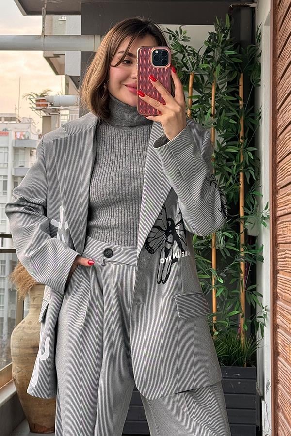 Nicia İnce Çizgili Baskılı Blazer Ceket