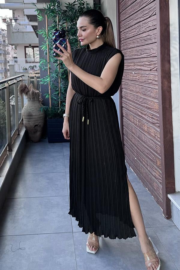 Nicky Bel Kemerli Piliseli Siyah Elbise