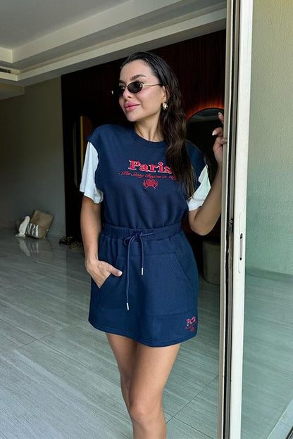 Nicolly Paris Yazılı Tshirt Etek Takım - Lacivert