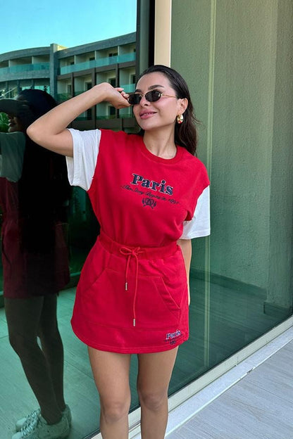 Nicolly Paris Yazılı Tshirt Etek Takım - Kırmızı