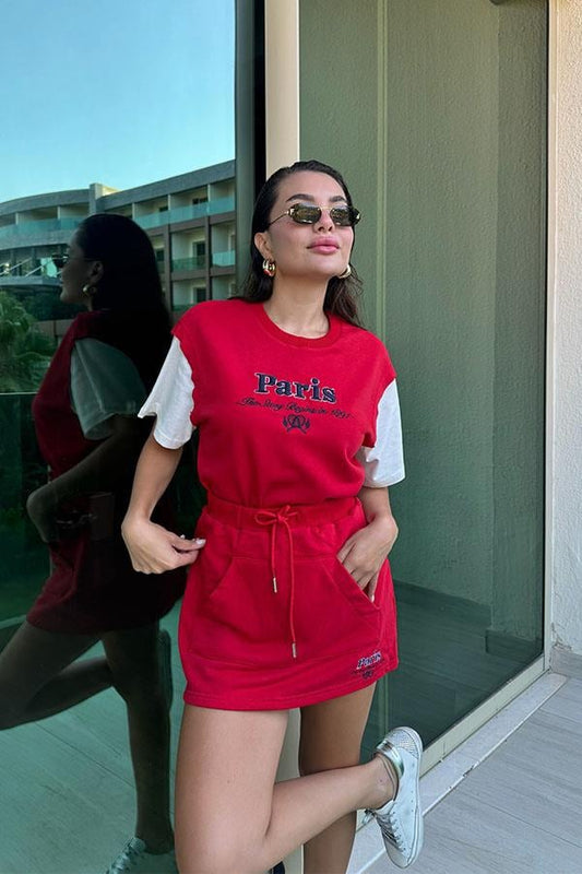 Nicolly Paris Yazılı Tshirt Etek Takım - Kırmızı