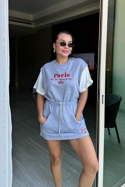 Nicolly Paris Yazılı Tshirt Etek Takım - Gri