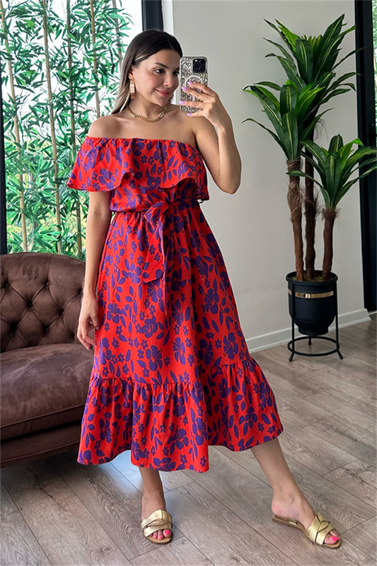 Nikki tek omuz mor çiçekli kırmızı elbise