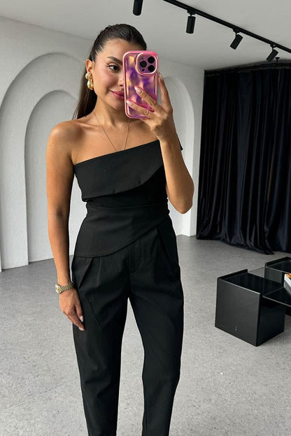 Nikolett Orijinal Tek Omuz Asimetrik Takım-Siyah