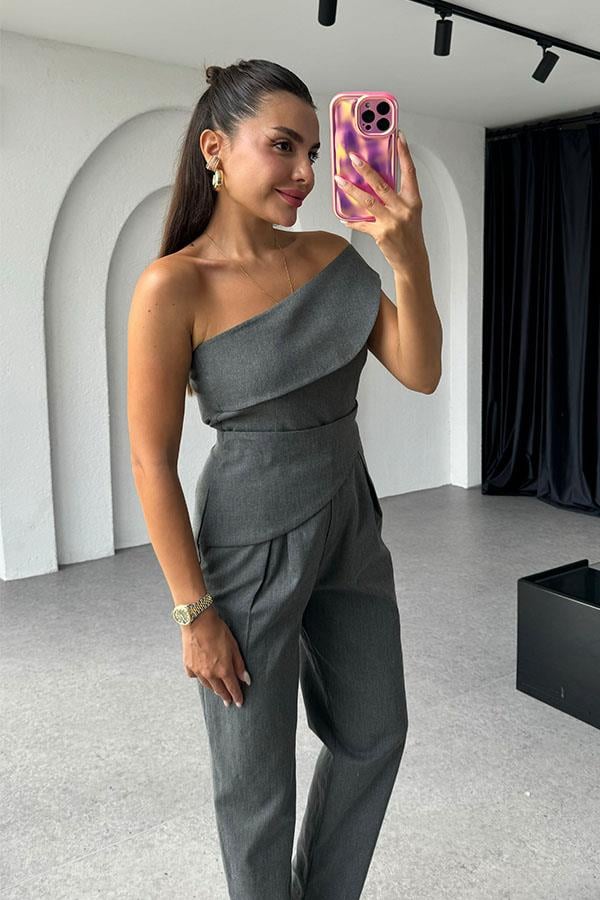 Nikolett Orijinal Tek Omuz Asimetrik Takım-Gri