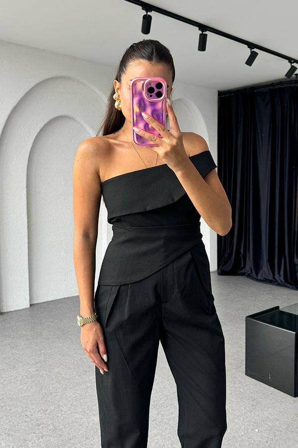 Nikolett Orijinal Tek Omuz Asimetrik Takım-Siyah