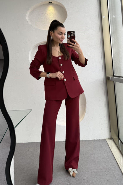 Nilepya Bordo Kare Yaka Ceket Pantolon Takım