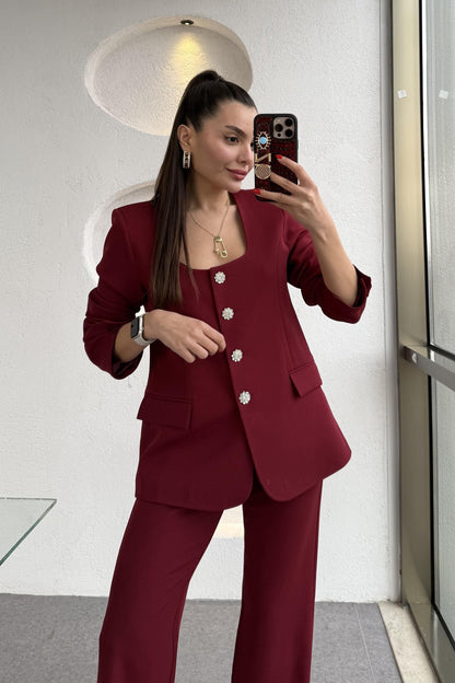 Nilepya Bordo Kare Yaka Ceket Pantolon Takım