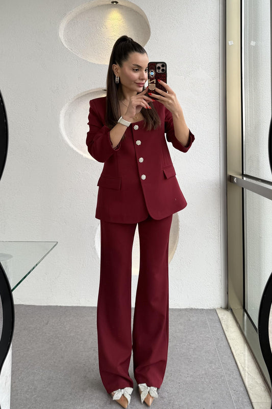 Nilepya Bordo Kare Yaka Ceket Pantolon Takım