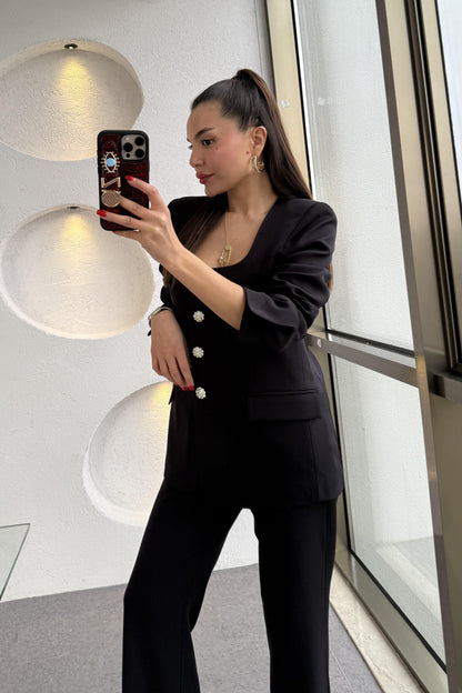 Nilepya Siyah Kare Yaka Ceket Pantolon Takım