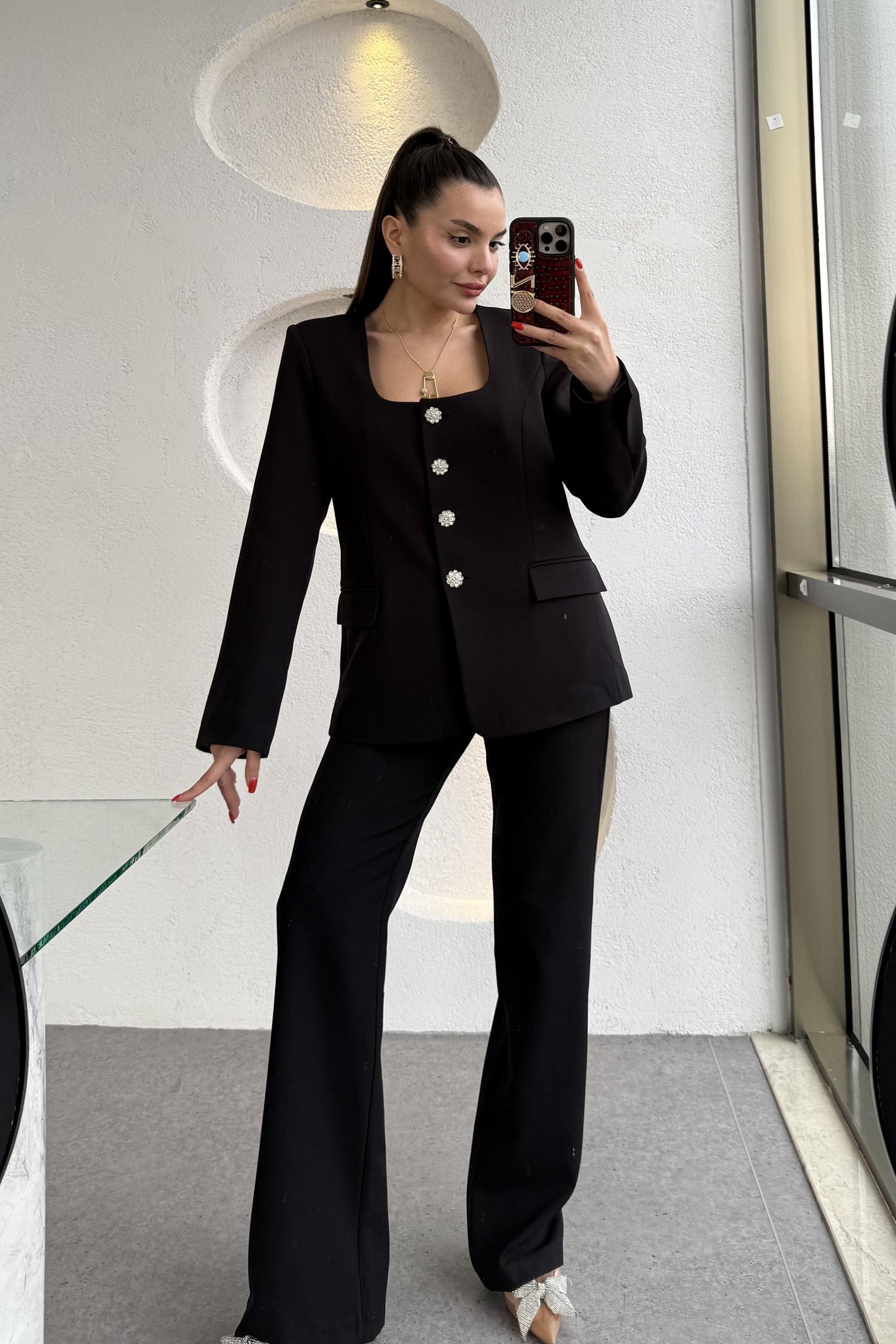 Nilepya Siyah Kare Yaka Ceket Pantolon Takım