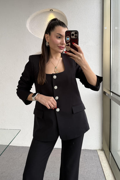 Nilepya Siyah Kare Yaka Ceket Pantolon Takım