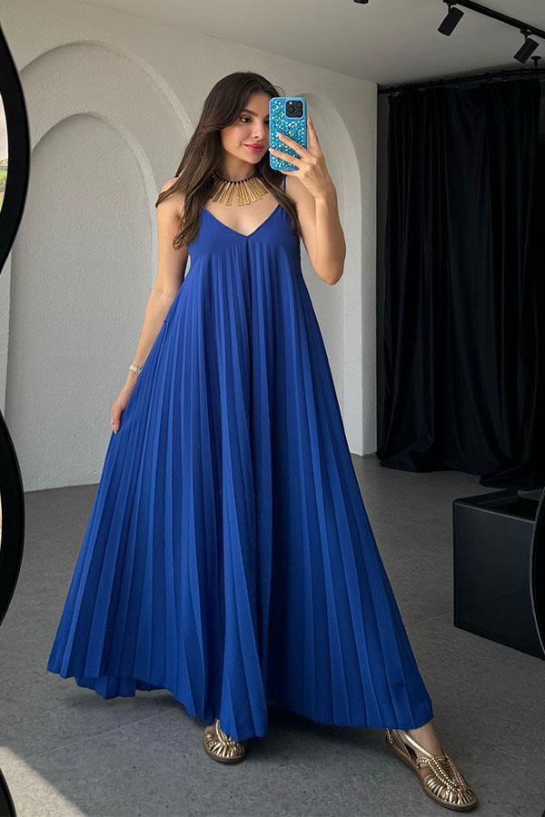 Niren Orijinal Piliseli Elbise Elbise-Saks Mavi