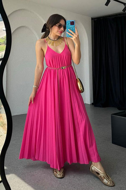 Niren Orijinal Piliseli Elbise Elbise-Fuşya