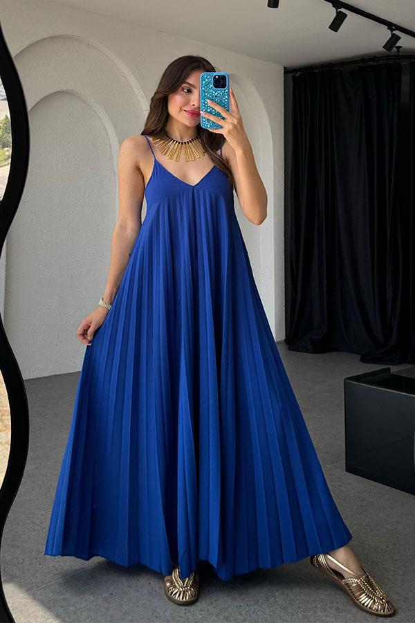 Niren Orijinal Piliseli Elbise Elbise-Saks Mavi