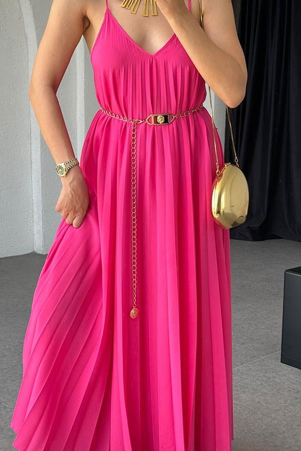 Niren Orijinal Piliseli Elbise Elbise-Fuşya