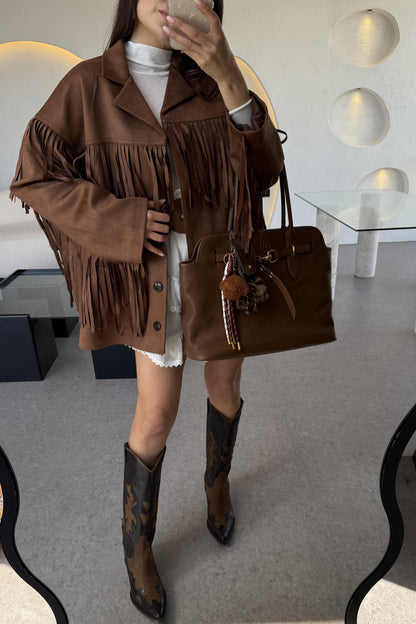 Nixie Kahve Vintage Püsküllü Süet Ceket